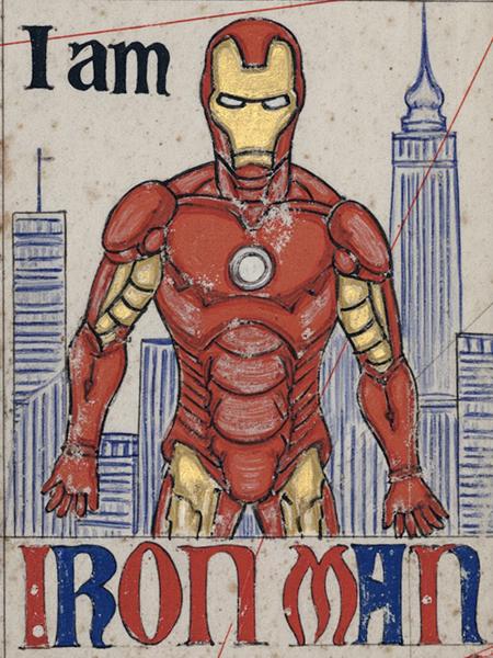 C4t41an style, iron man wearing a red and gold costume, skyscrapers in the background, black text at the top reading 'I am', red and blue text at the bottom reading 'IRON MAN'2170222467_img2_F1.png